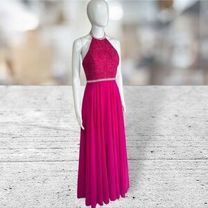 Madison James Hot Pink Fuchsia High Neck Modest Prom Bridesmaid dress